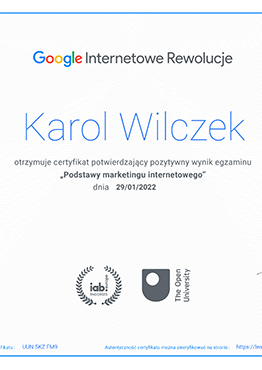 Certyfikat Google - Karol Wilczek - marketing internetowy