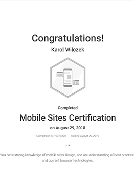 Certyfikat - Karol Wilczek - mobilne strony www